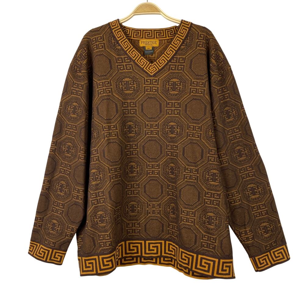 Prestige Original V-Neck Sweater Men 4XL Brown Gold Greek Key Geometric Hip Hop
